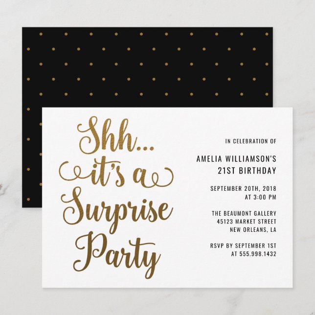 Invitación Moda Gold Shh... Es una tipografía Fiesta sorprend (Anverso / Reverso)