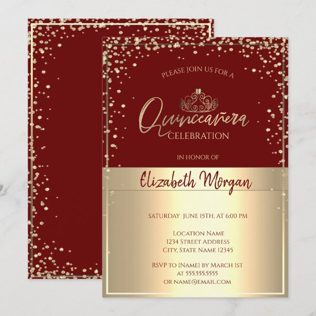 Invitación Moda Gold Tiara, Diamantes Red Quinceañera (Anverso / Reverso)