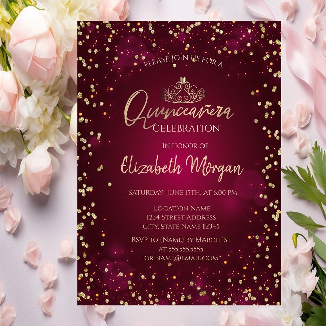 Invitación Moda Gold Tiara, Diamonds Burgundy Quinceañera (Subido por el creador)