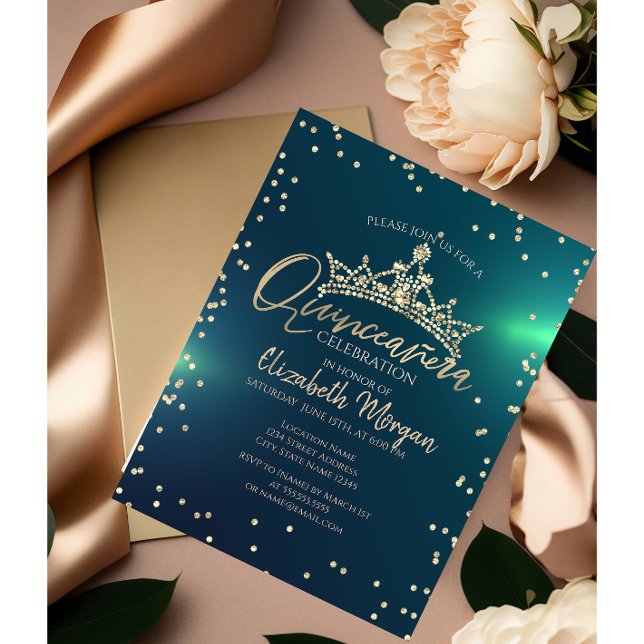 Invitación Moda Gold Tiara, Diamonds Green Quinceañera (Subido por el creador)