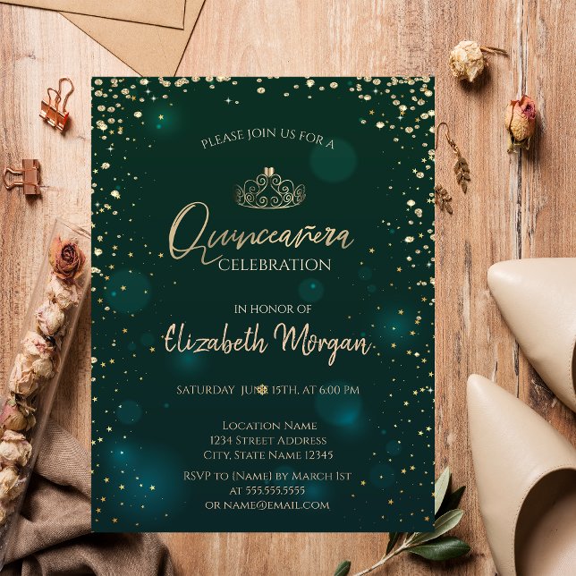 Invitación Moda Gold Tiara, Diamonds Green Quinceañera (Subido por el creador)