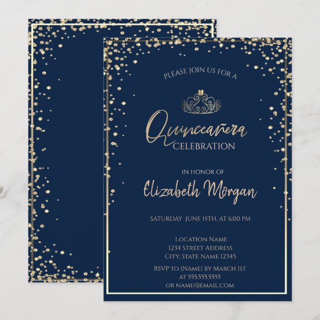 Invitación Moda Gold Tiara, Diamonds Quinceañera (Anverso / Reverso)