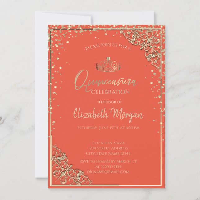 Invitación Moda Gold Tiara, Naranja de diamantes Quinceañera (Anverso)