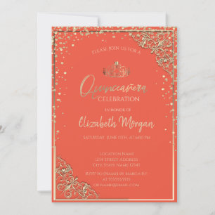 Invitación Moda Gold Tiara, Naranja de diamantes Quinceañera