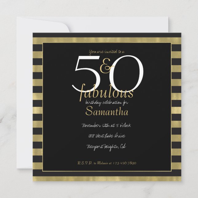 Invitación Moda Gold y Black Stripes 50 y Fabulous (Anverso)