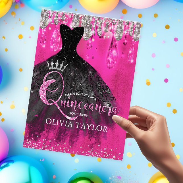 Invitación Moda goteo de purpurina de plata rosa caliente Qui (Subido por el creador)