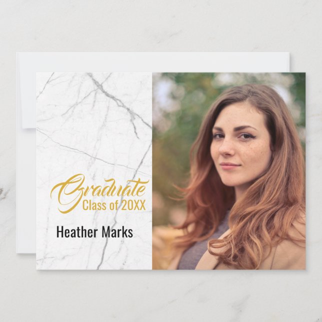 Invitación Moda Graduación de la foto de oro en mármol blanco (Anverso)