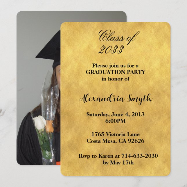 Invitación Moda Graduación de oro amarillo tu foto (Anverso / Reverso)