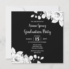 Invitación Moda Graduación Floral Blanca Y Negra Moderna