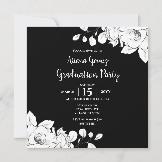 Invitación Moda Graduación Floral Blanca Y Negra Moderna (Anverso)