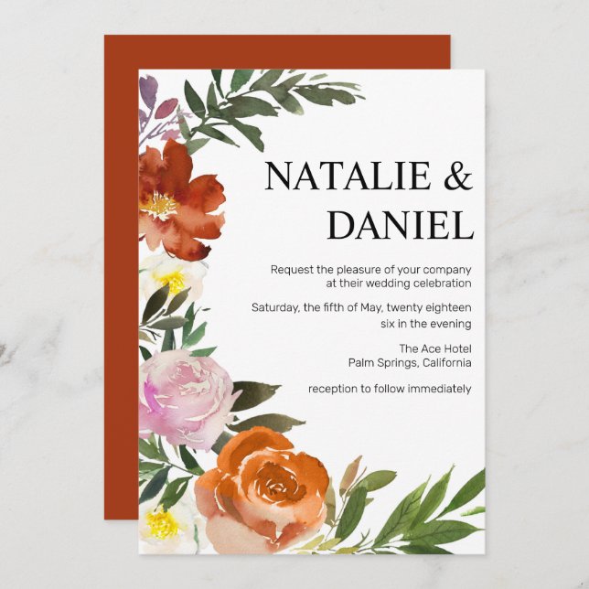 Invitación Moda Gran Naranja Quemado , Boda Floral Rosa (Anverso / Reverso)