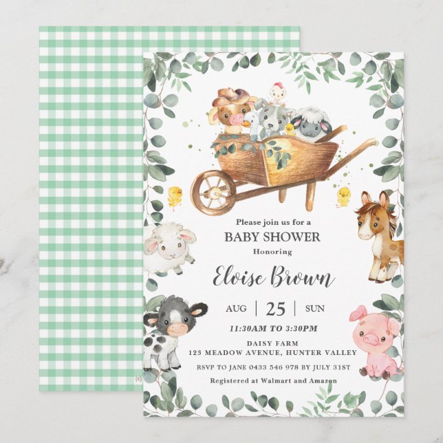 Invitación Moda Granja Animales Barnyard Greenery Baby Shower (Anverso / Reverso)