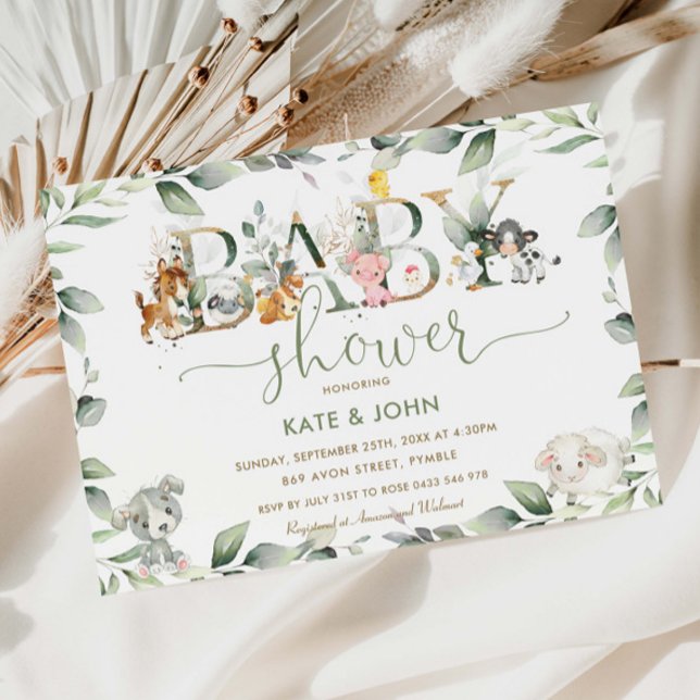 Invitación Moda Granja Animales Verdor Baby Shower Neutral (Subido por el creador)