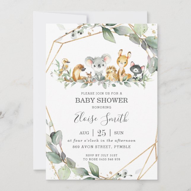 Invitación Moda Greenery Australian Animals Baby Shower (Anverso)