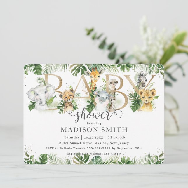 Invitación Moda Greenery Cute Jungle Animales Baby Shower (Anverso de pie)