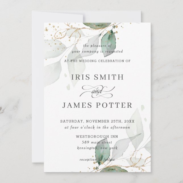Invitación Moda Greenery Foliage Gold Calligraphy Boda (Anverso)