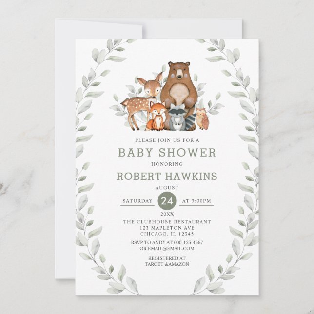 Invitación Moda Greenery Forest Woodland Animals Baby Shower (Anverso)