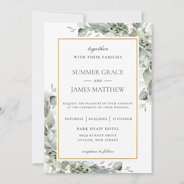 Invitación Moda Greenery Gold Sage Green Foliage Boda (Anverso)