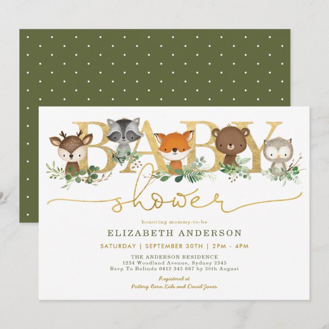 Invitación Moda Greenery Gold Woodland Forest Baby Shower (Anverso / Reverso)