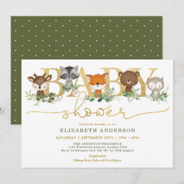Invitación Moda Greenery Gold Woodland Forest Baby Shower