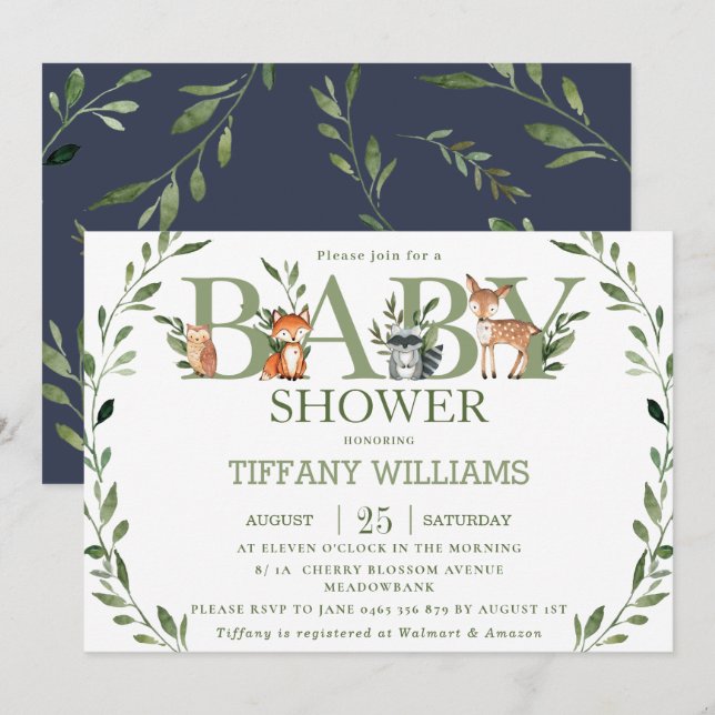 Invitación Moda Greenery Rustic Woodland Animales Baby Shower (Anverso / Reverso)