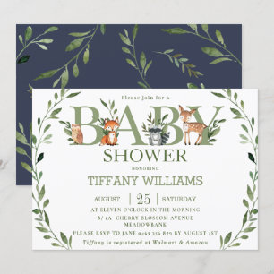 Invitación Moda Greenery Rustic Woodland Animales Baby Shower
