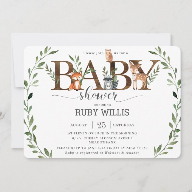 Invitación Moda Greenery Woodland Animales Baby Shower Boy (Anverso)
