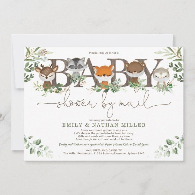 Invitación Moda Greenery Woodland Animales Baby Shower Por Co (Anverso)