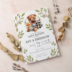 Invitación Moda Greenery Woodland Animals Baby Shower