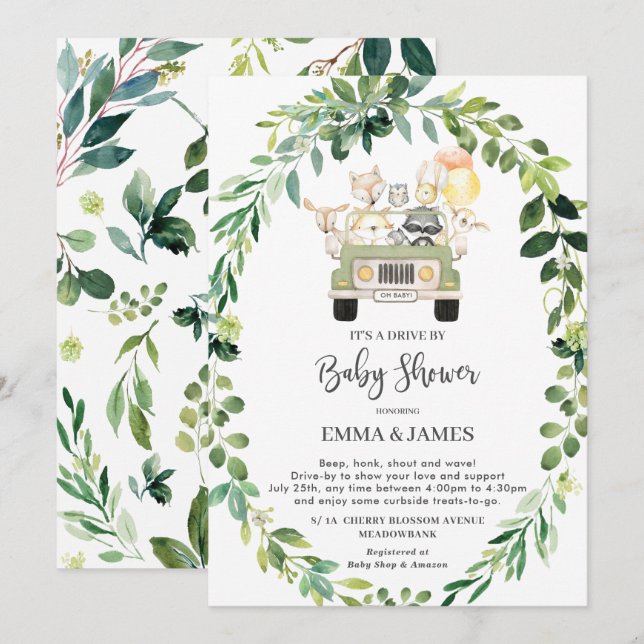 Invitación Moda Greenery Woodland Drive by Baby Shower Parade (Anverso / Reverso)