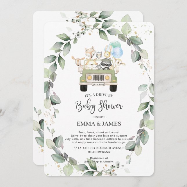 Invitación Moda Greenery Woodland Drive De Baby Shower Boy (Anverso / Reverso)