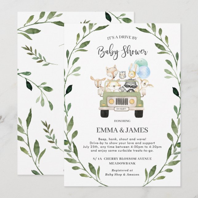 Invitación Moda Greenery Woodland Drive De Baby Shower Boy (Anverso / Reverso)