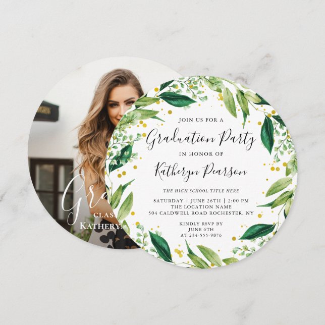Invitación Moda Greenery Wreath Gold Purpurina Graduación Fot (Anverso / Reverso)