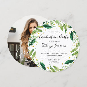 Invitación Moda Greenery Wreath Gold Purpurina Graduación Fot