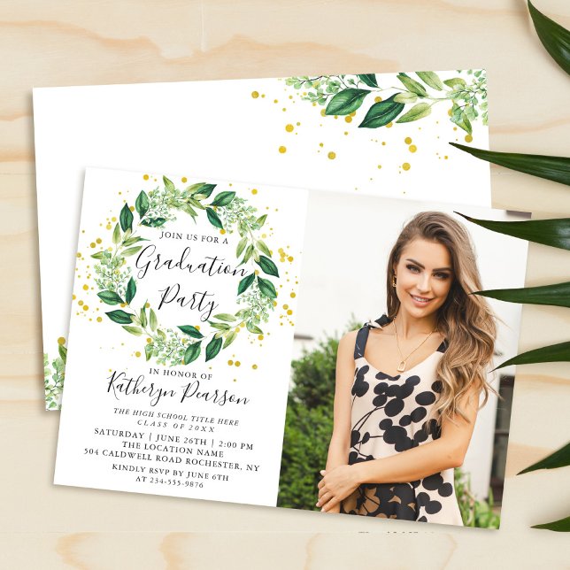Invitación Moda Greenery Wreath Gold Purpurina Graduación Fot (Subido por el creador)