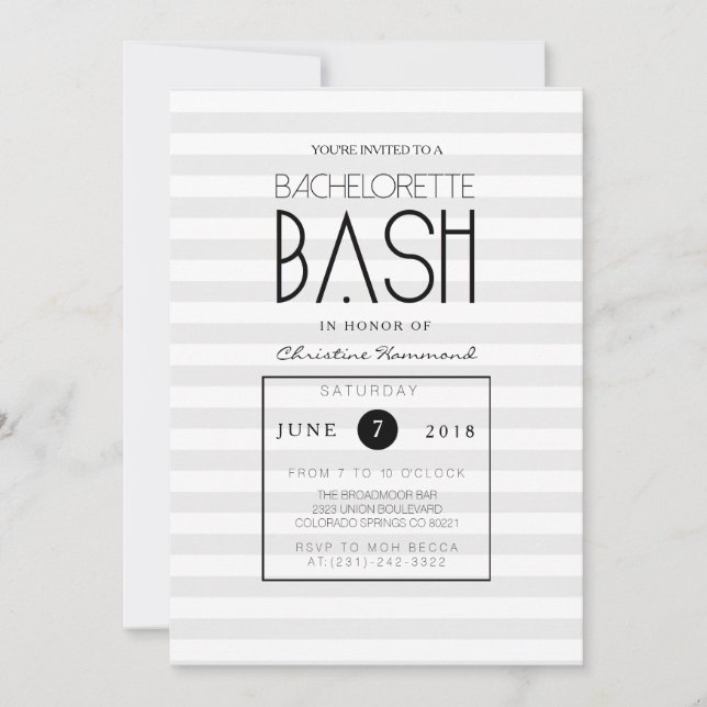 Invitación Moda Gris Stripes Bachelorette Bash Invite (Anverso)