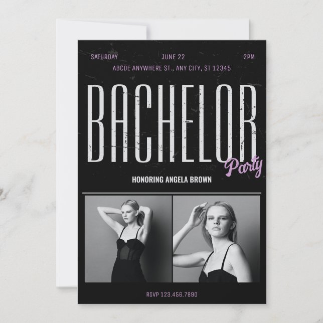 Invitación Moda grunge negro BACHELOR PARTY renacer (Anverso)