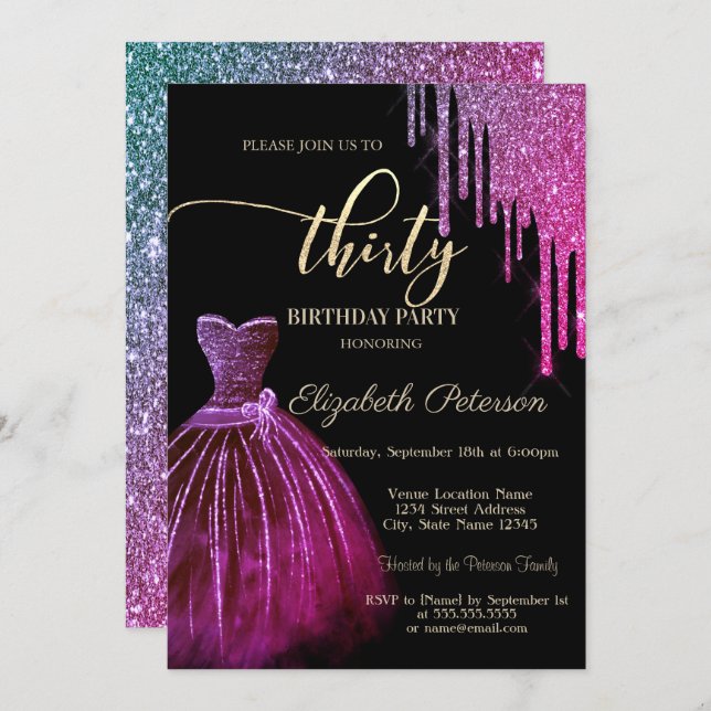 Invitación Moda Guay Vestido Purpurina gotea 30 cumpleaños (Anverso / Reverso)
