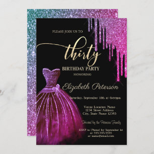 Invitación Moda Guay Vestido Purpurina gotea 30 cumpleaños