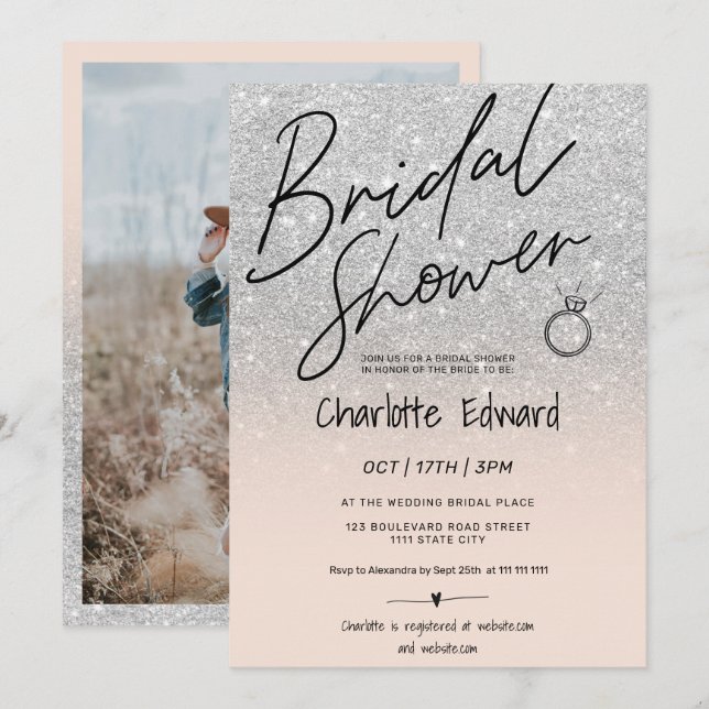 Invitación Moda guión de plata foto anillo de ducha de novia  (Anverso / Reverso)