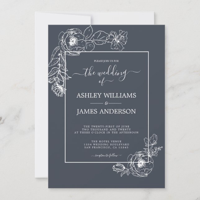 Invitación Moda Guión Esquema floral blanco Boda azul oscuro (Anverso)