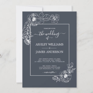 Invitación Moda Guión Esquema floral blanco Boda azul oscuro