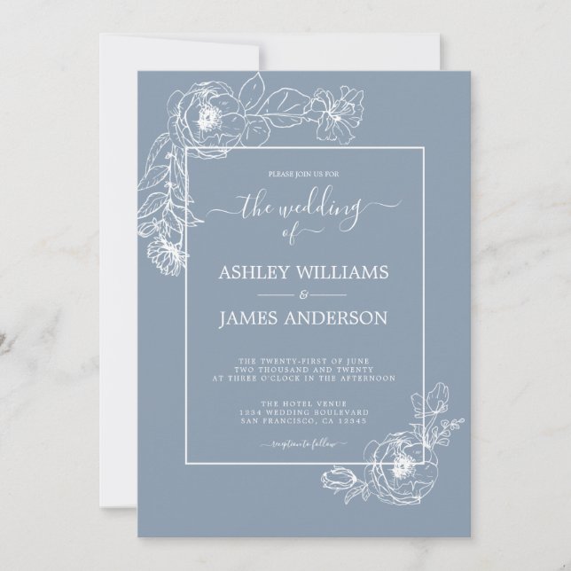 Invitación Moda Guión Esquema Floral Boda azul turbio (Anverso)