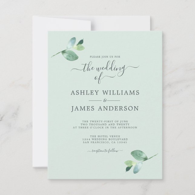 Invitación Moda Guión Eucalyptus Foliage Boda mínimo (Anverso)
