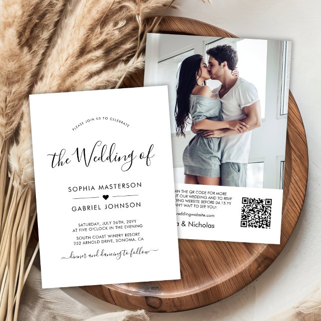 Invitación Moda Guión Moderno Corazón QR Código Boda fotográf (Subido por el creador)