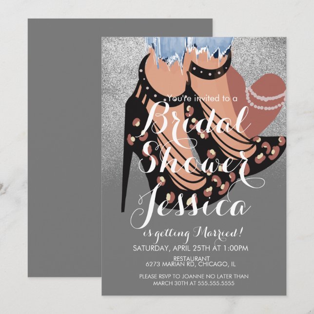 Invitación Moda Heels Beauty Heels Jeans Bridal Shower Gray (Anverso / Reverso)