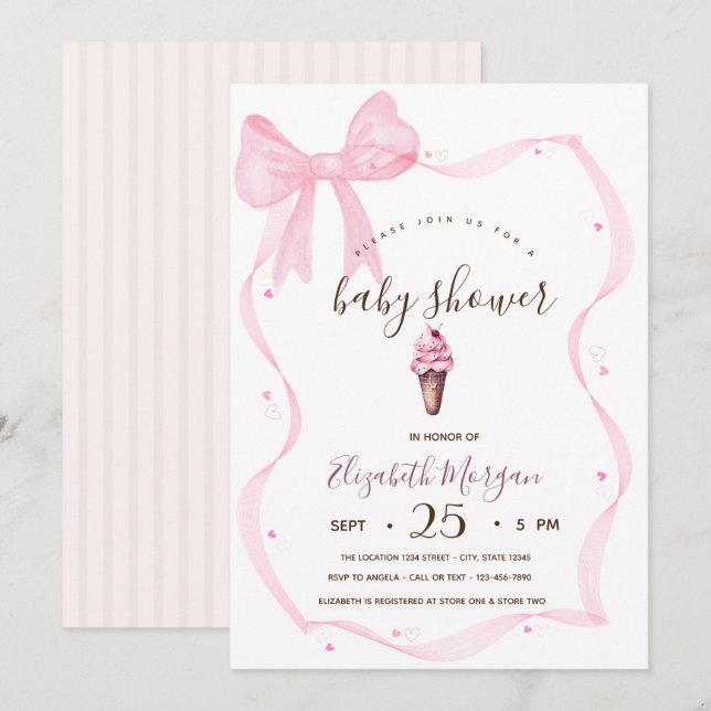 Invitación Moda helado Bow Striped Baby Shower (Anverso / Reverso)