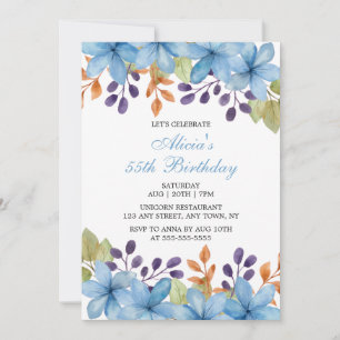 Invitación Moda Hermosa Flora Azul Acuarela Cualquier Edad Cu
