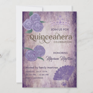 Invitación Moda hincha de la mano vintage rosas púrpura tiara