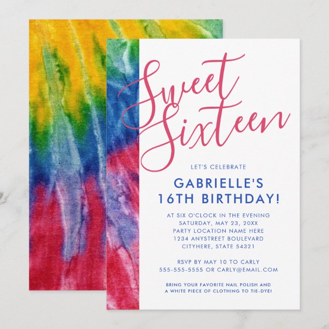 Invitación Moda hippy tinte azul rojo amarillo azul  16 Fiest (Anverso / Reverso)